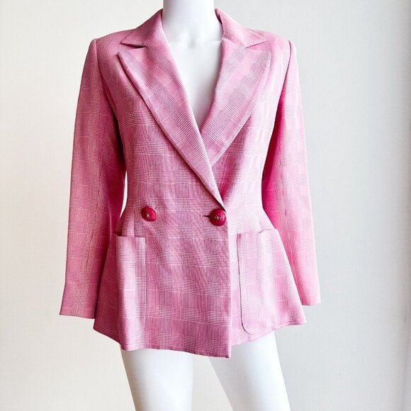 Vintage Jean Louis Scherrer Pink Metallic Silver Plaid Blazer 38 - Picture 1 of 15